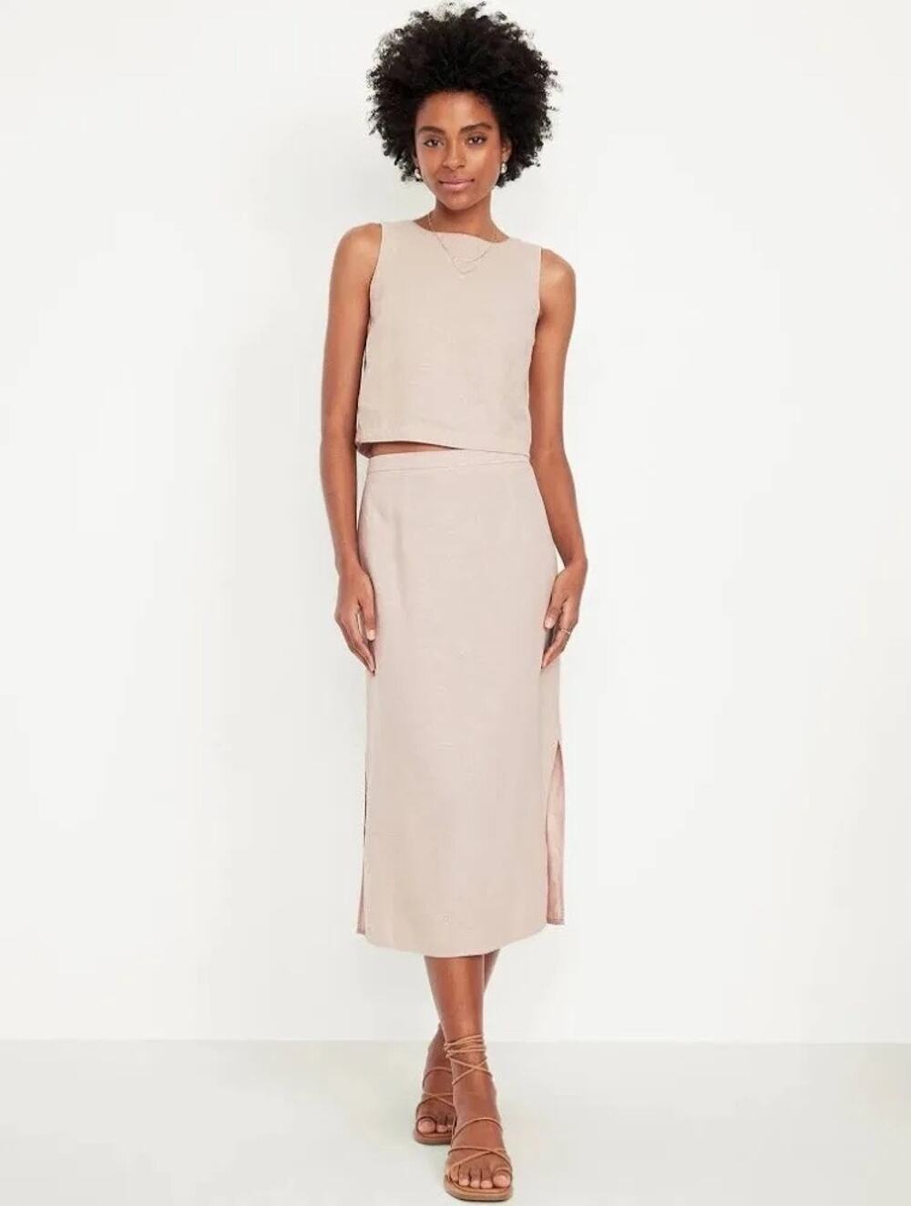 Old Navy Women’s Linen Blend Midi Skirt Size XXL Neutral Tan Beige Pull On